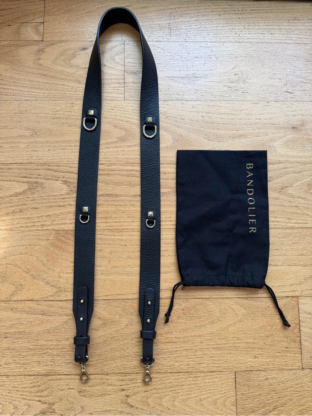 Bandolier Black Leather Phone Crossbody Strap with Gold Hardware